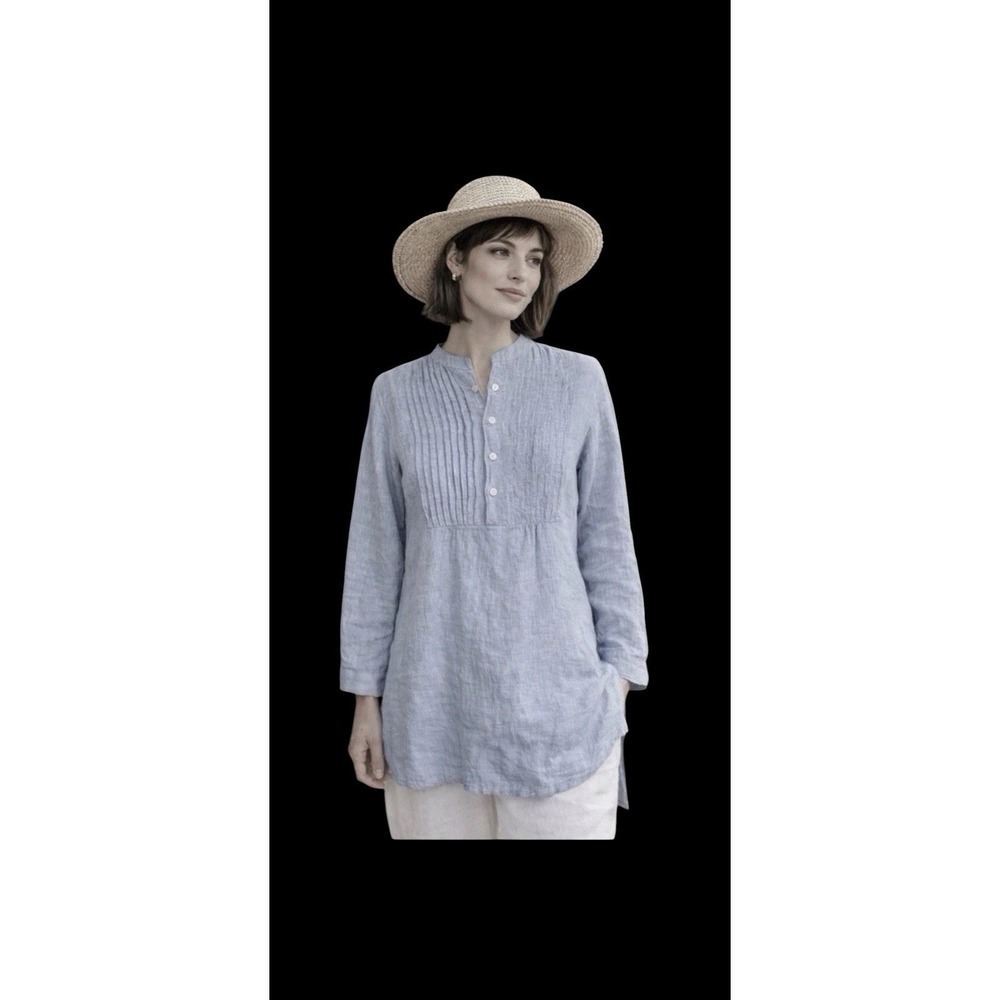 Pinecone Hill Linen Tunic Size L Pintuck Pleats Blue Band Collar Coastal Beachy - Picture 2 of 7